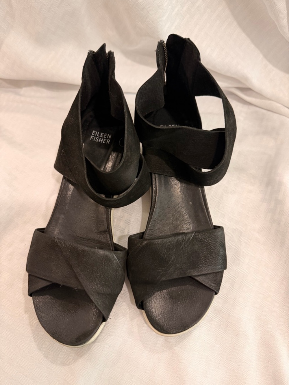 Eileen Fisher Black Leather Crisscross Ankle Sandals